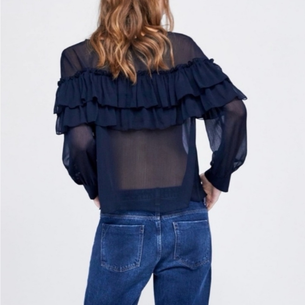 Zara navy blue sheer blouse with frills and ruffles - Picture 4 of 8